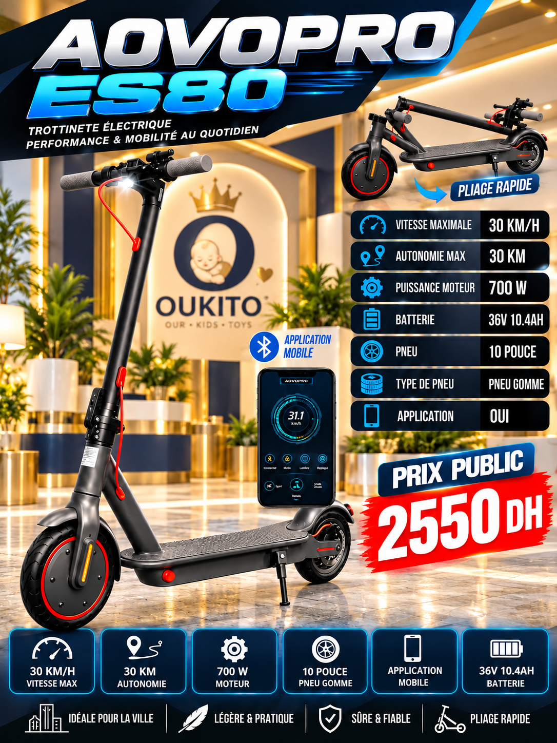 Trottinette Électrique AOVOPRO ES80 700W – 30 km/h