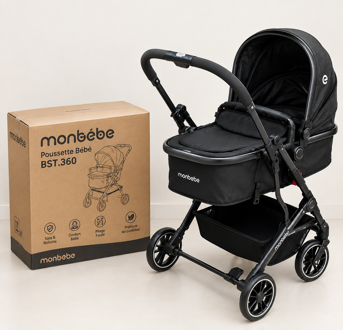 Poussette Bébé MonBébé BST.360 – Nacelle Confort Noir