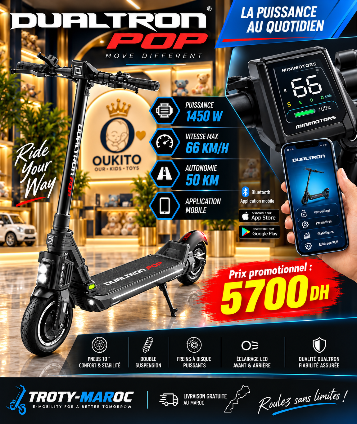 Trottinette Électrique DUALTRON POP 1450W – 66 km/h